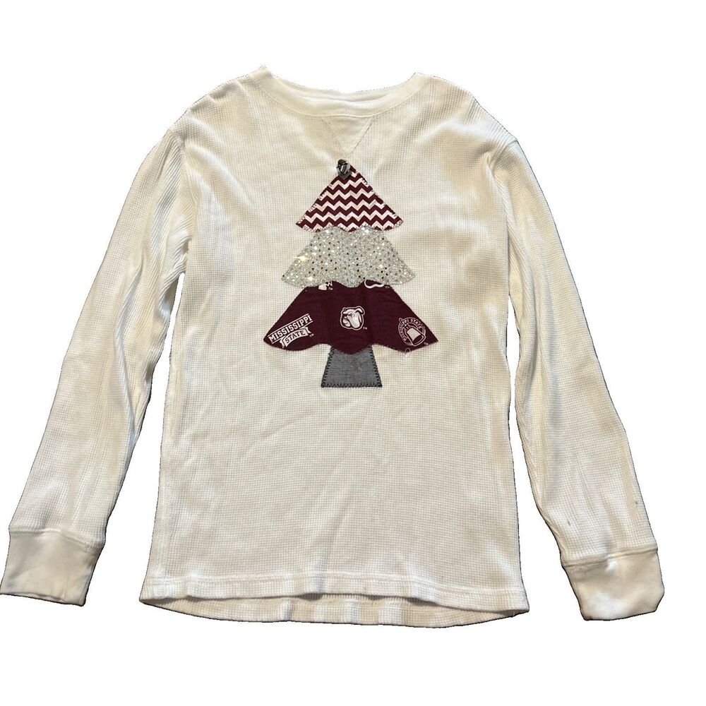 Custom MS State Bulldogs Christmas Tree White Thermal Shirt – Size L (10/12)